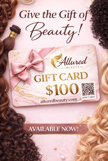 Allured Beauty gift card with hair extensions on a pink background